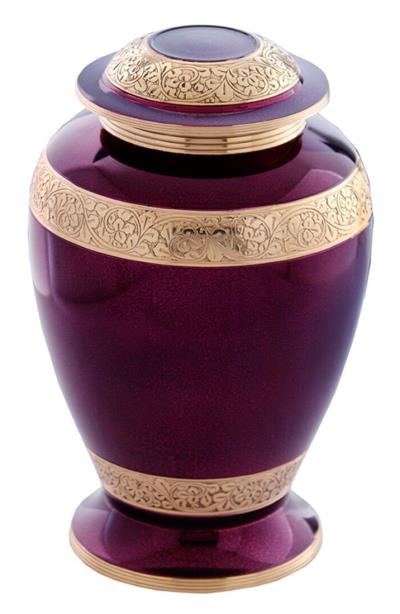 purple cremation urn with beautiful gold floral engraving
